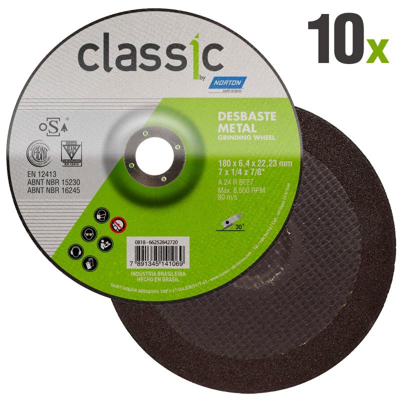 Disco de Desbaste Metal 7 POL x 6,4 MM Furo 7/8 POL Classic Kit 10 Peças NORTON Disco de Desbaste Metal 7 POL x 6