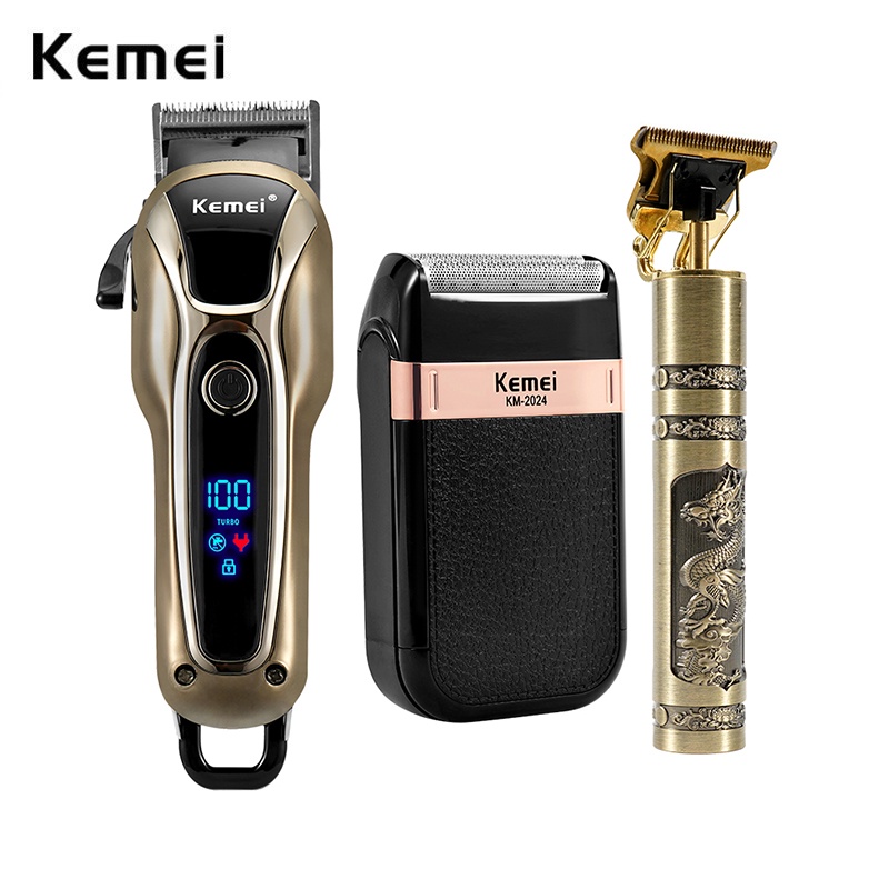 Kemei Máquina De Corte Profissional Barbeiro De Acabamento Elétrico Recarregável Aparador Barba Barbeador Sem Fio Com - Oferta na Shopee