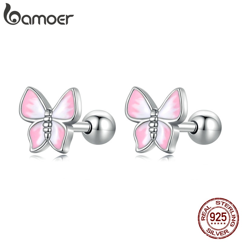 Bamoer Brincos De Tarraxa De Prata S925 Rosa/Borboleta Para Mulheres/Meninas/Bijuteria/Presente SCE1495 - Oferta na Shopee