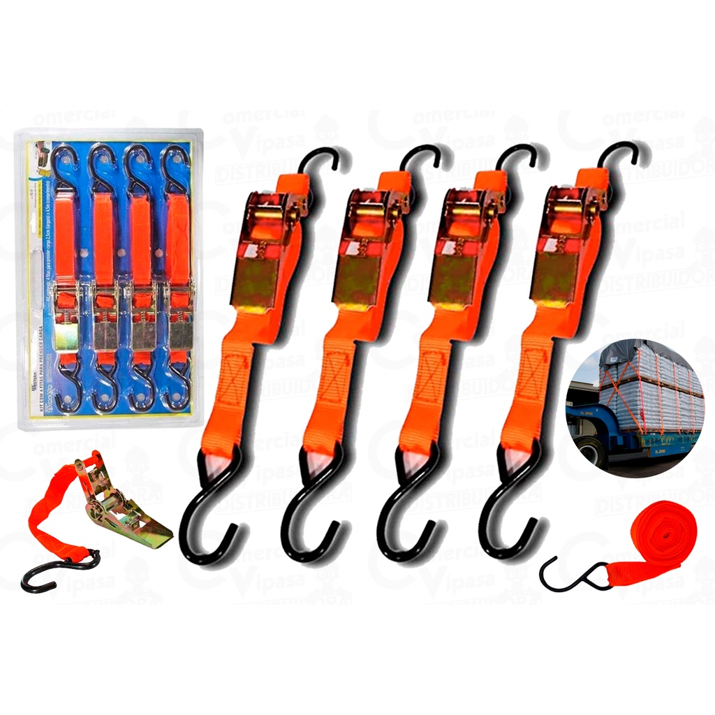 Kit Jogo Cinta Fita Catraca Para Amarração De Carga 4,5mX2,5cm 4 Peças Tração Catraca 120Kg Kit Jogo Cinta Fita Catraca Para Amarração De Carga 4