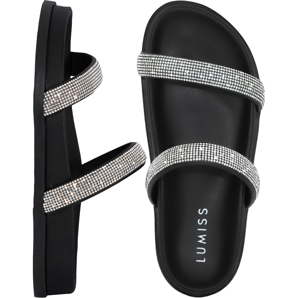 Sandália Papete Feminina Lumiss Flat Strass Brilho Cristal Confortável Anatômica Flatform Macia Slide Comfort - Oferta na Shopee