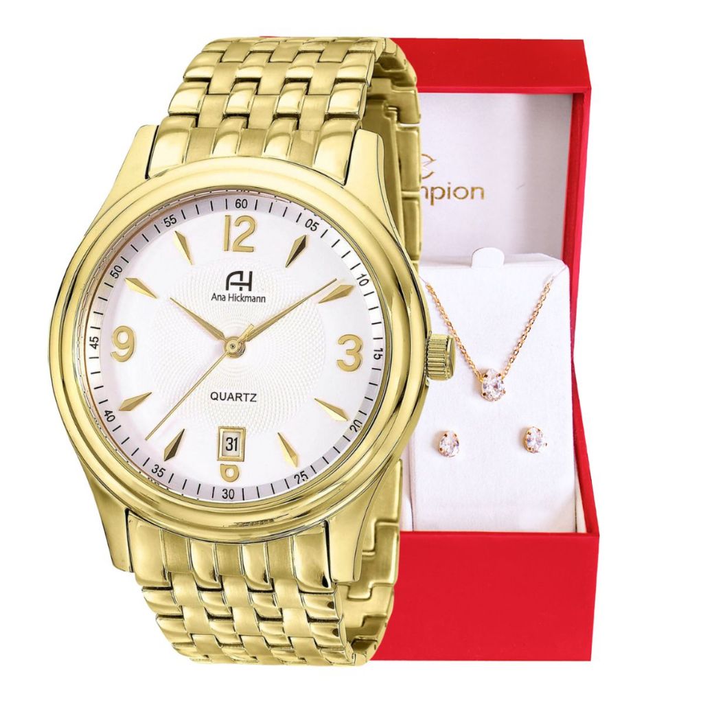 Relógio Champion Ana Hickmann Dourado Feminino + Colar e Brincos À Prova d’Água Kit AH28508H - Oferta na Shopee