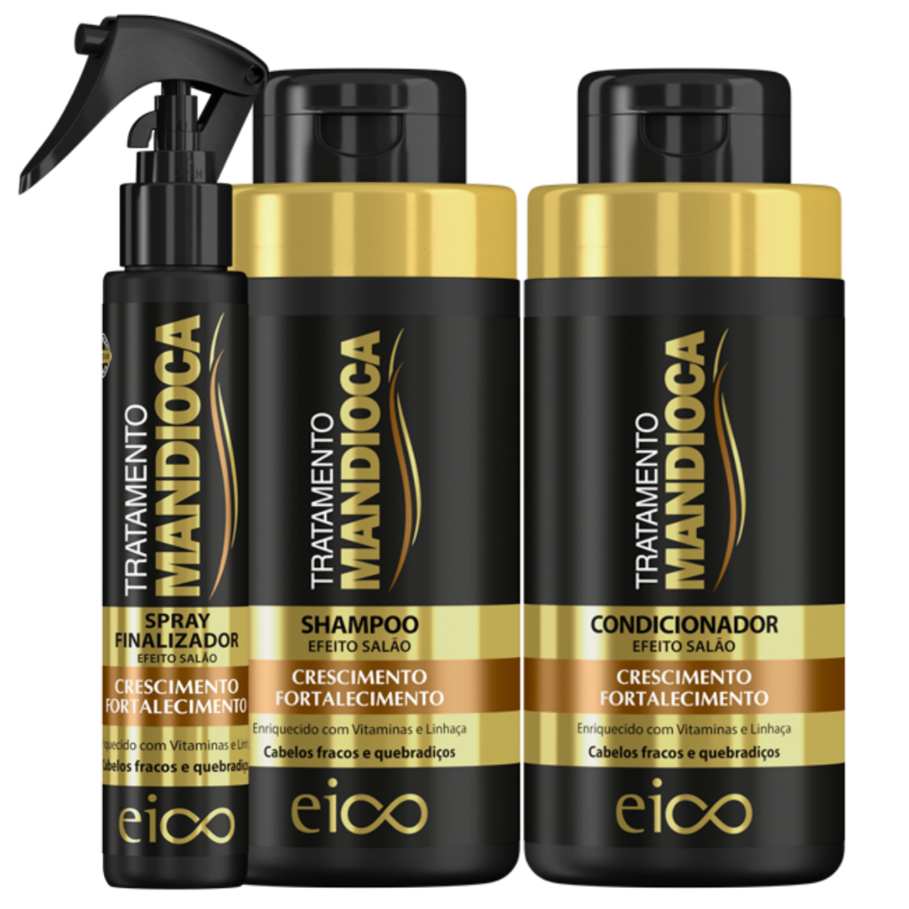 Eico Tratamento Mandioca Shampoo Sem Sal + Condicionador 450ml + Spray Leave-in Finalizador Protetor Térmico 120ml - Oferta na Shopee