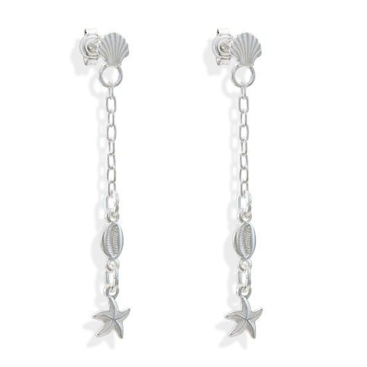 Brinco Feminino de Prata 925 Concha com Corrente Búzio e Estrela do mar - Oferta na Shopee