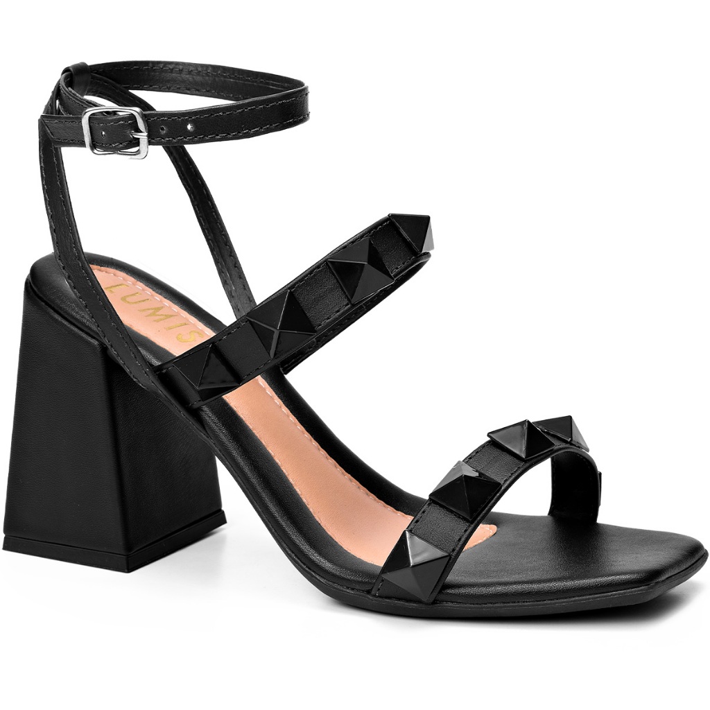 Sandália Feminina Lumiss Tacha Spike Pirâmide Salto Alto Bloco Confortável Preto - Oferta na Shopee