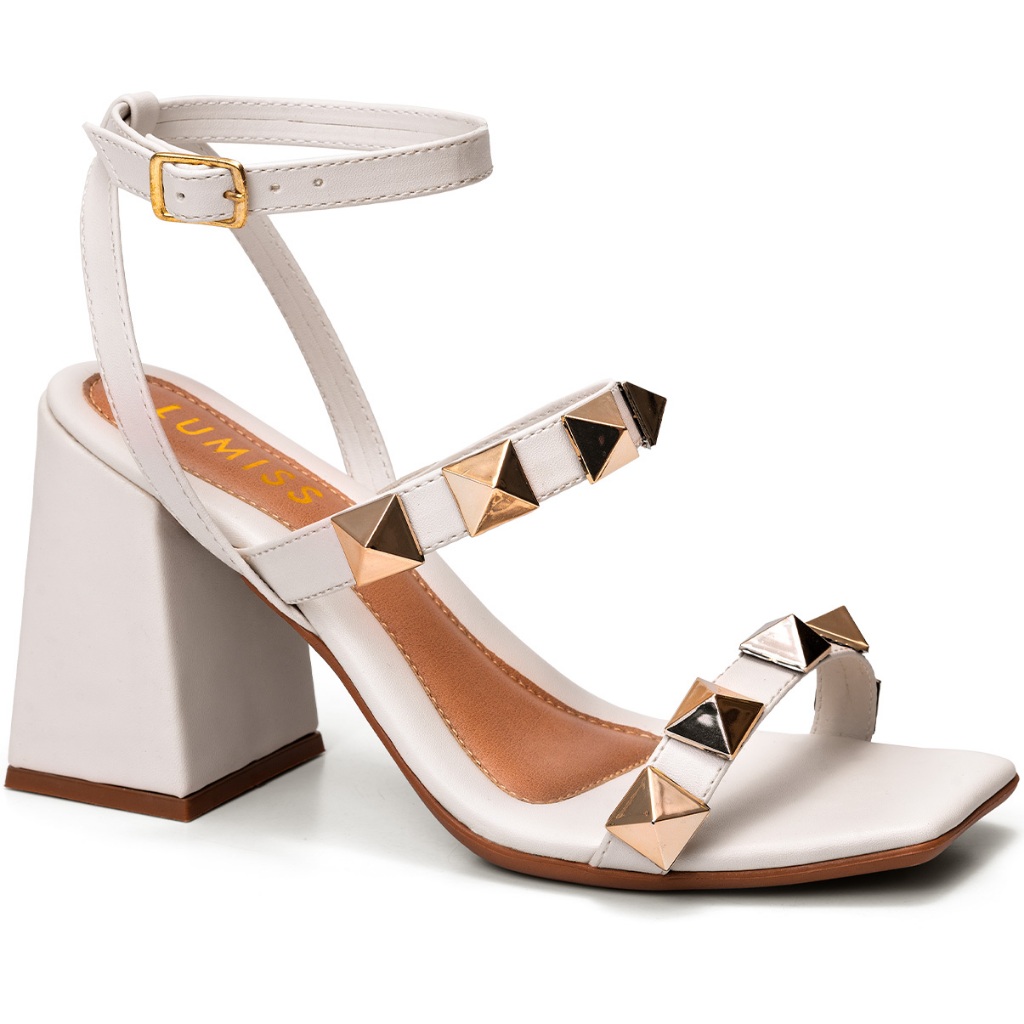 Sandália Feminina Lumiss Tacha Spike Pirâmide Salto Alto Bloco Confortável Off White - Oferta na Shopee