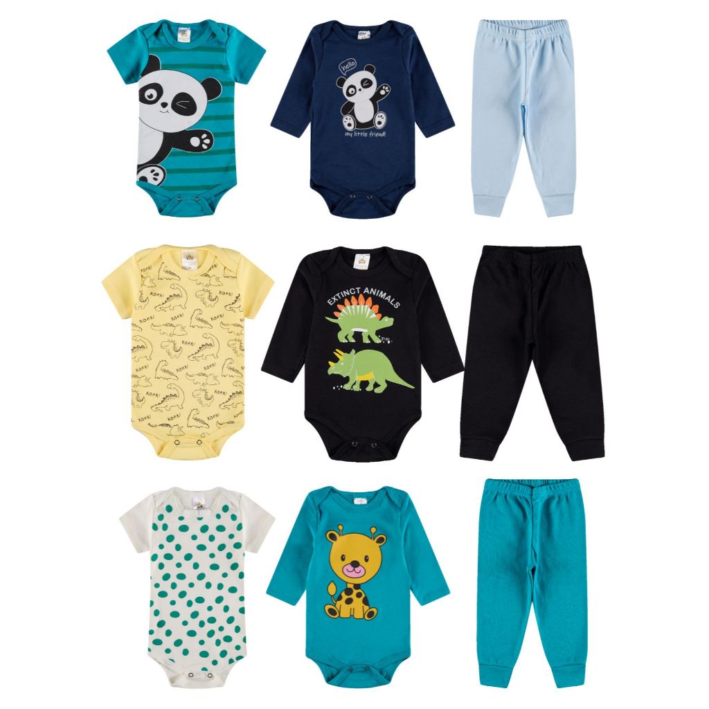 Kit Body 9 Peças de Roupas para Bebê Menino (3 Body Curto + 3 Body Longo + 3 Calça Mijão) Kit 3 Conjuntos Body - Oferta na Shopee