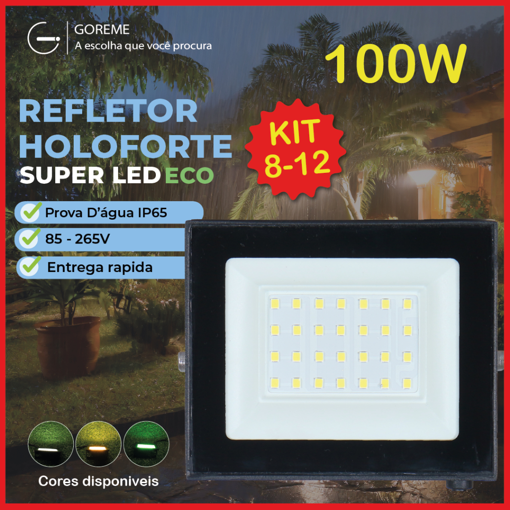 Kit 12 Refletor Led ECO 100W Branco Frio | Branco Quente | Verde IP65 Luz Econômica Bivolt 110-220V - Oferta na Shopee