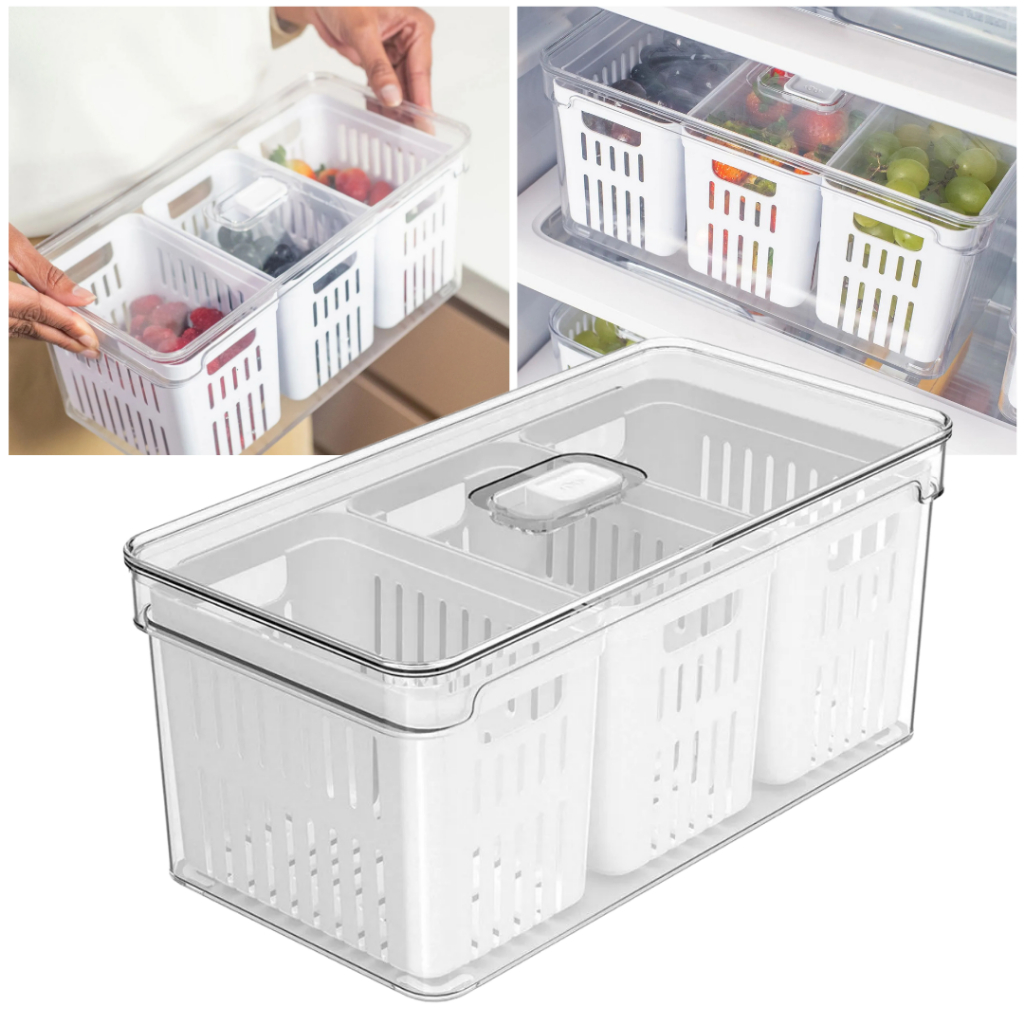 Organizador de Geladeira 5L Acrílico Com 3 Cestos para Alimentos Vegetais Cozinha Natural Ou - Oferta na Shopee