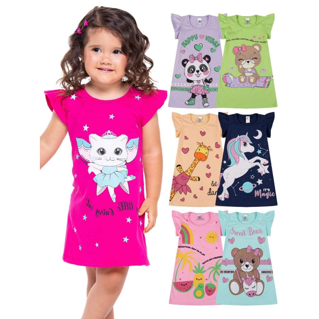 Kit 4 Vestido Bebê Menina Verão Estampados 100% Algodão com Mangas Franzidas ou 2 Vestidos Sortidos Infantil Menina - Oferta na Shopee