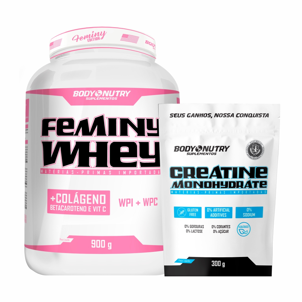 Kit Academia Feminino - Feminy Whey 900g + Creatina Monohidratada 300g (Whey c/ COLÁGENO) - Oferta na Shopee