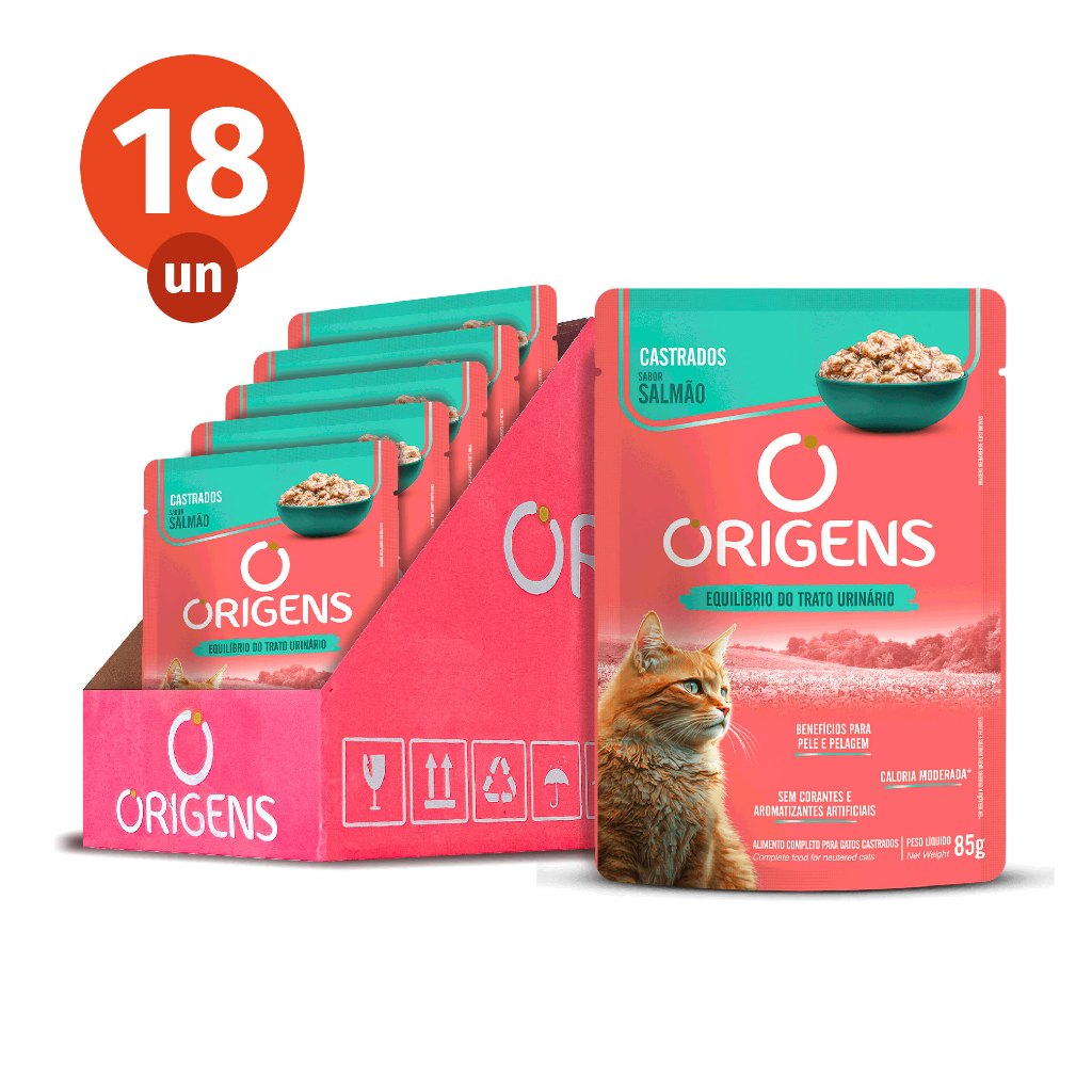 Kit CAIXA FECHADA 18 Sachê Origens Gatos Castrados Sabor Salmão Premium Especial 85g Adimax - Oferta na Shopee