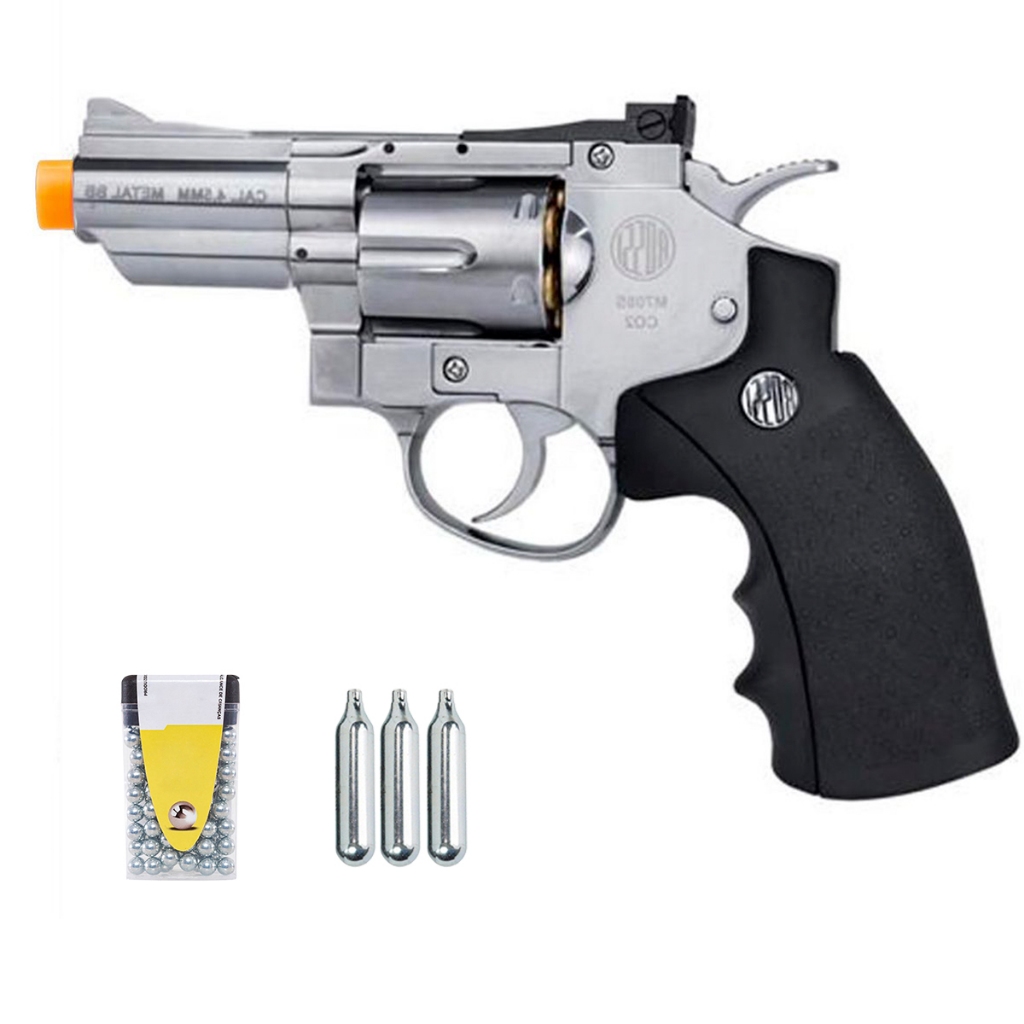 Revólver de Pressão Co2 708S 2,5" Niquelado 4.5mm - Wingun + 3 Cilindros + Esferas Revólver de Pressão Co2 708S 2