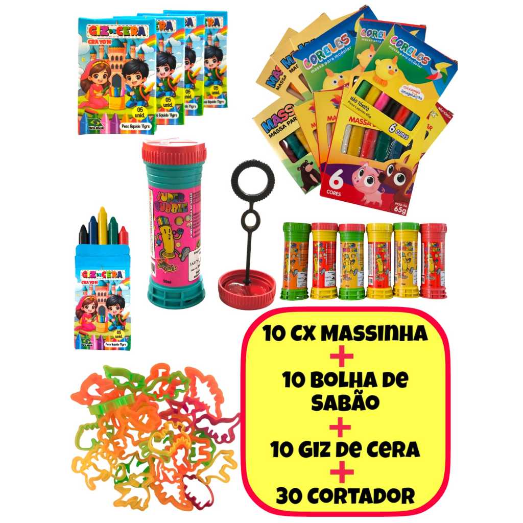 Kit 10 Cx Massinha de Modelar + 10 Bolha Sabão + 10 Giz De Cera + 30 Cortador Forminha Lembrancinha - Oferta na Shopee