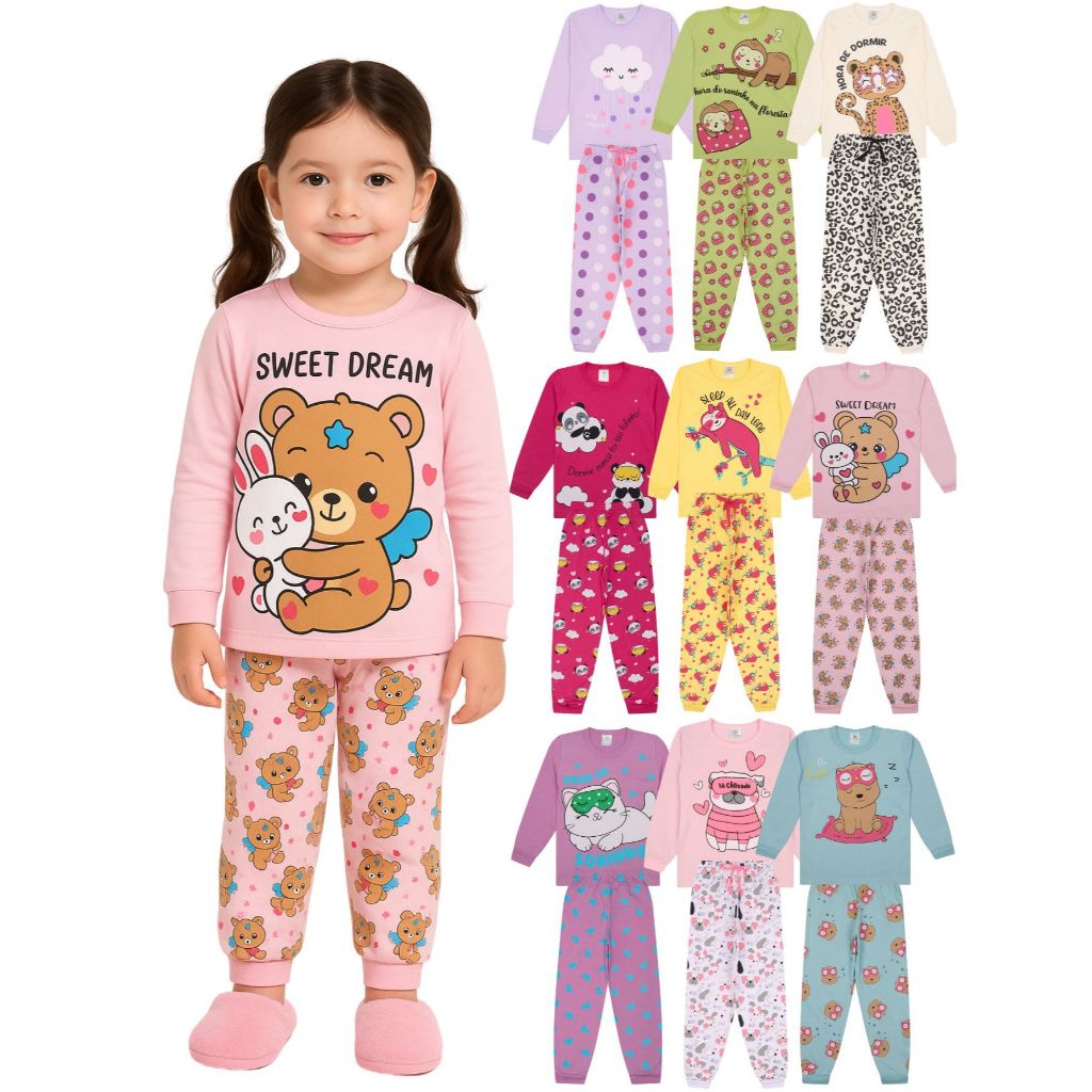 Kit Sortido 10 Peças Pijama Infantil Menina Manga Comprida Ou 4 Peças Pijama Infantil Menina - Oferta na Shopee