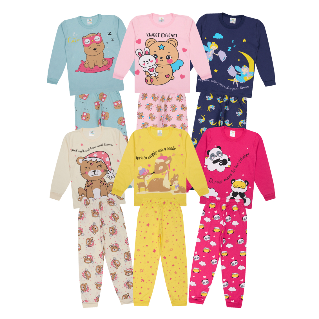 Kit Sortido 10 Peças Pijama Manga Longa Bebê Menina ou Kit com 6 Peças de Pijamas de Roupa Infantil Feminino Inverno - Oferta na Shopee