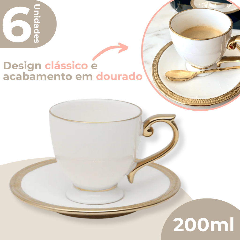 Jogo 6 Xícaras de Chá Café 200ml Porcelana Paddy Branca Borda Dourada Wolff - Oferta na Shopee