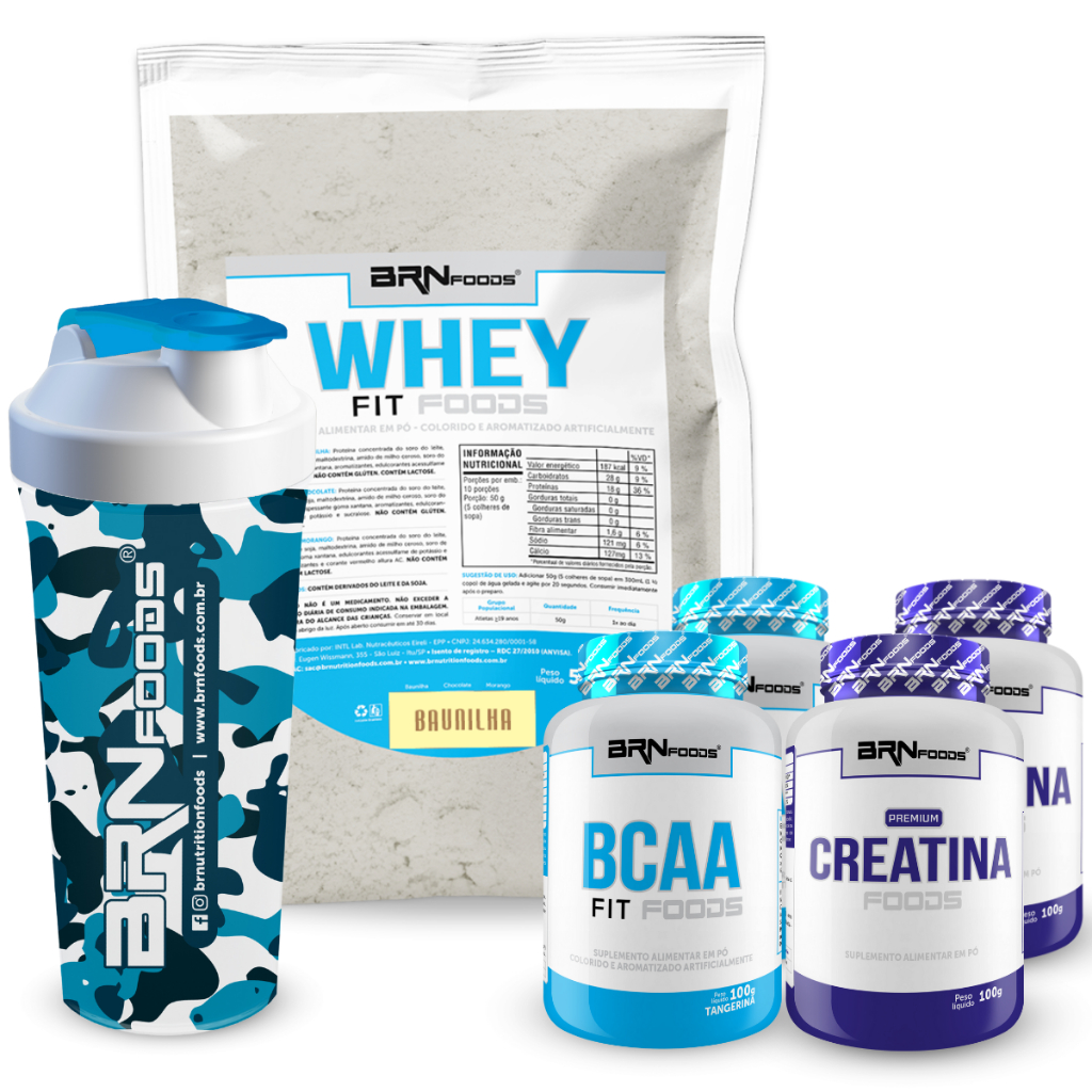 Kit Whey Fit Foods 500g + 2x Premium Creatina 100g + 2x BCAA Foods 100g + Coqueteleira - BRN Foods - Oferta na Shopee