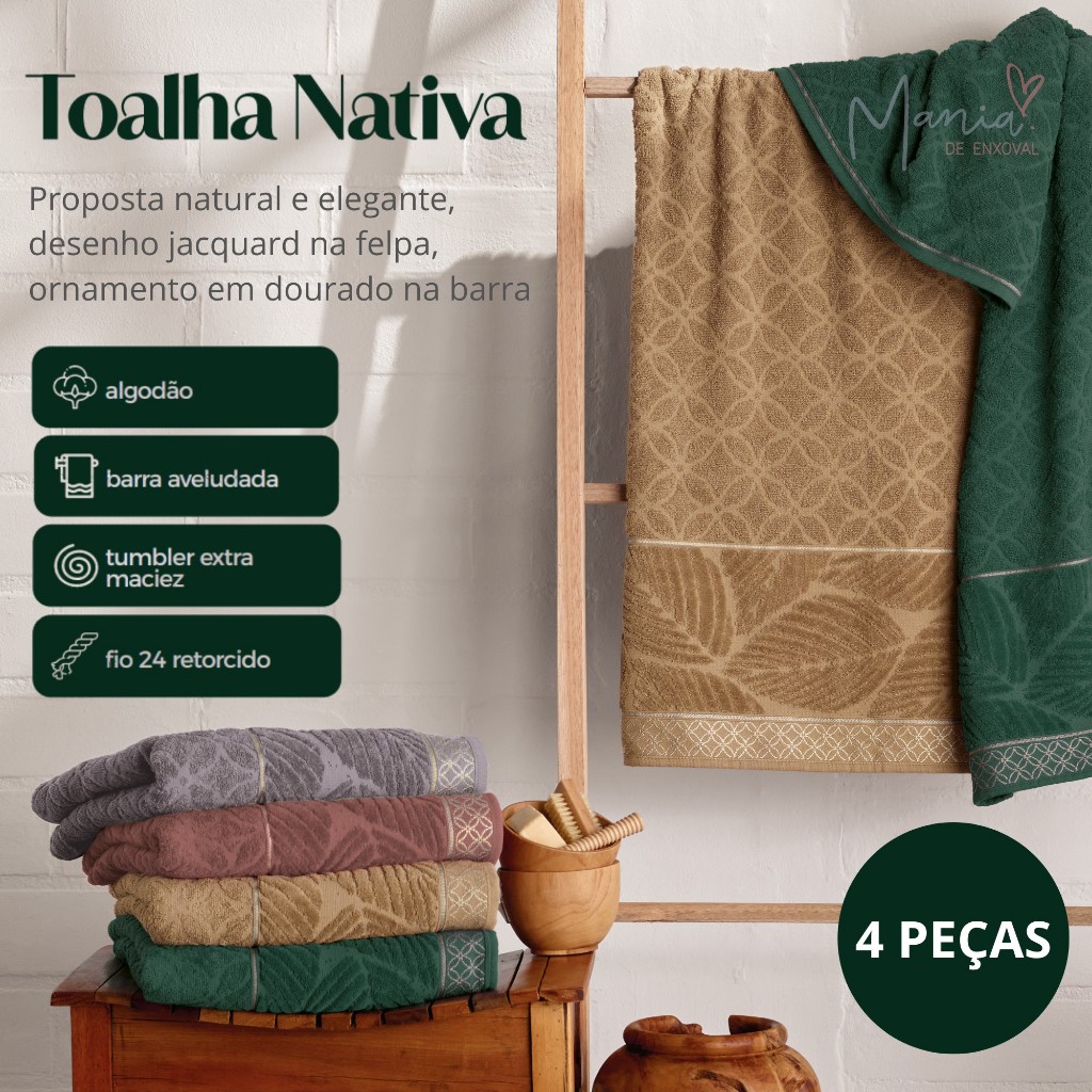 Jogo Toalha De Banho Grossa 100% Algodão Super Macia Felpuda Jacquard Barra Aveludada 4 Peças Nativa - Oferta na Shopee