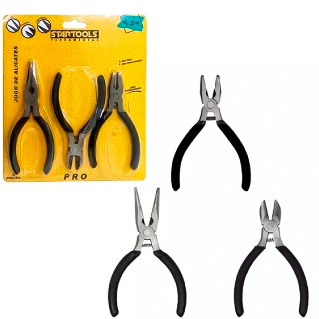 Kit Jogo 3 Mini Alicates Bico Universal E Corte 4,5 Pol. Multiuso Serviços Leves Pequenos Reparos Kit Jogo 3 Mini Alicates Bico Universal E Corte 4
