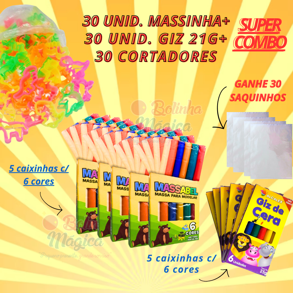 Kit 30 Unidades Massinha Modelar + 30 Unidades Giz+ 30 Cortadores + Ganhe 30 Saquinho Lembrancinha Kit 30 Unidades Massinha Modelar + 30 Unidades Giz+ 30 Cortadores + Ganhe 30 Saquinho Lembrancinha - Oferta na Shopee