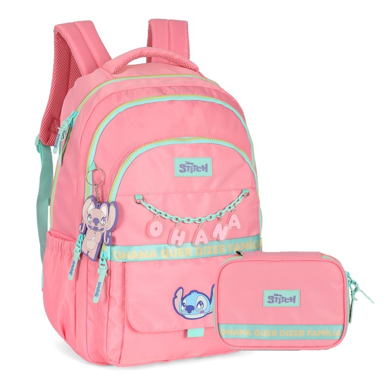 Kit Mochila de Costas G + Estojo Box Stitch Disney | Rosa Salmão Turquesa | 2 Peças Ohana | Chaveiro Angel - Oferta na Shopee