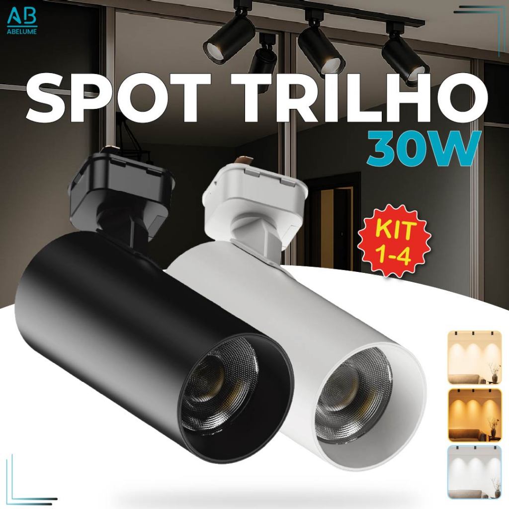 Kit 4 Spot LED para trilho eletrificado Tubinho Branco ou Preto 30W 360° Luz Fria