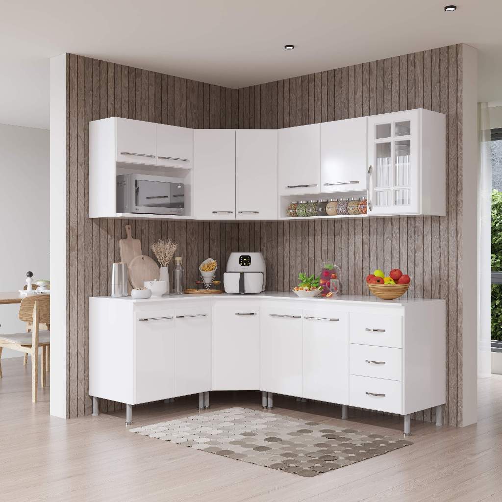 Armário de Cozinha Modulada Completa Fidelitá Viena 6 Peças 340cm 12 Portas 3 Gavetas Com Tampo Branco Armário de Cozinha Modulada Completa Fidelitá Viena 6 Peças 340cm 12 Portas 3 Gavetas Com Tampo Branco