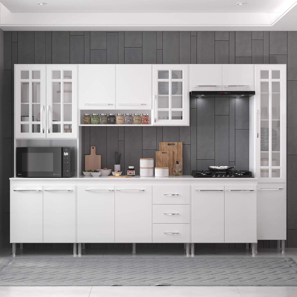 Cozinha Modulada Completa Fidelitá Viena 6 Peças 295cm 15 Portas 3 Gavetas Com Tampo Branco - Oferta na Shopee