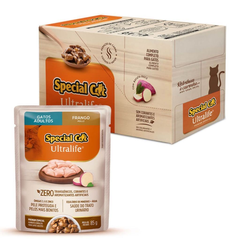 Caixa 12 Sachê Special Cat Ultralife Adultos Sabor Frango - 85g - Oferta na Shopee