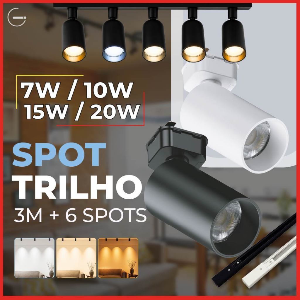 3M Trilho + 6 Spot LED 20W 15W 10W 7W Eletrificado + Trilho + Conector Preto e Branco Luz Fria