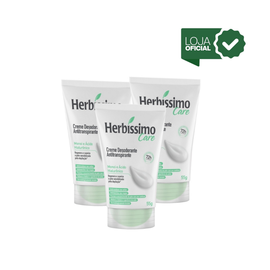 Kit 3 unid - Creme Desodorante Antitranspirante Herbíssimo Monoi e Ácido Hialurônico Bisnaga 55g - Oferta na Shopee