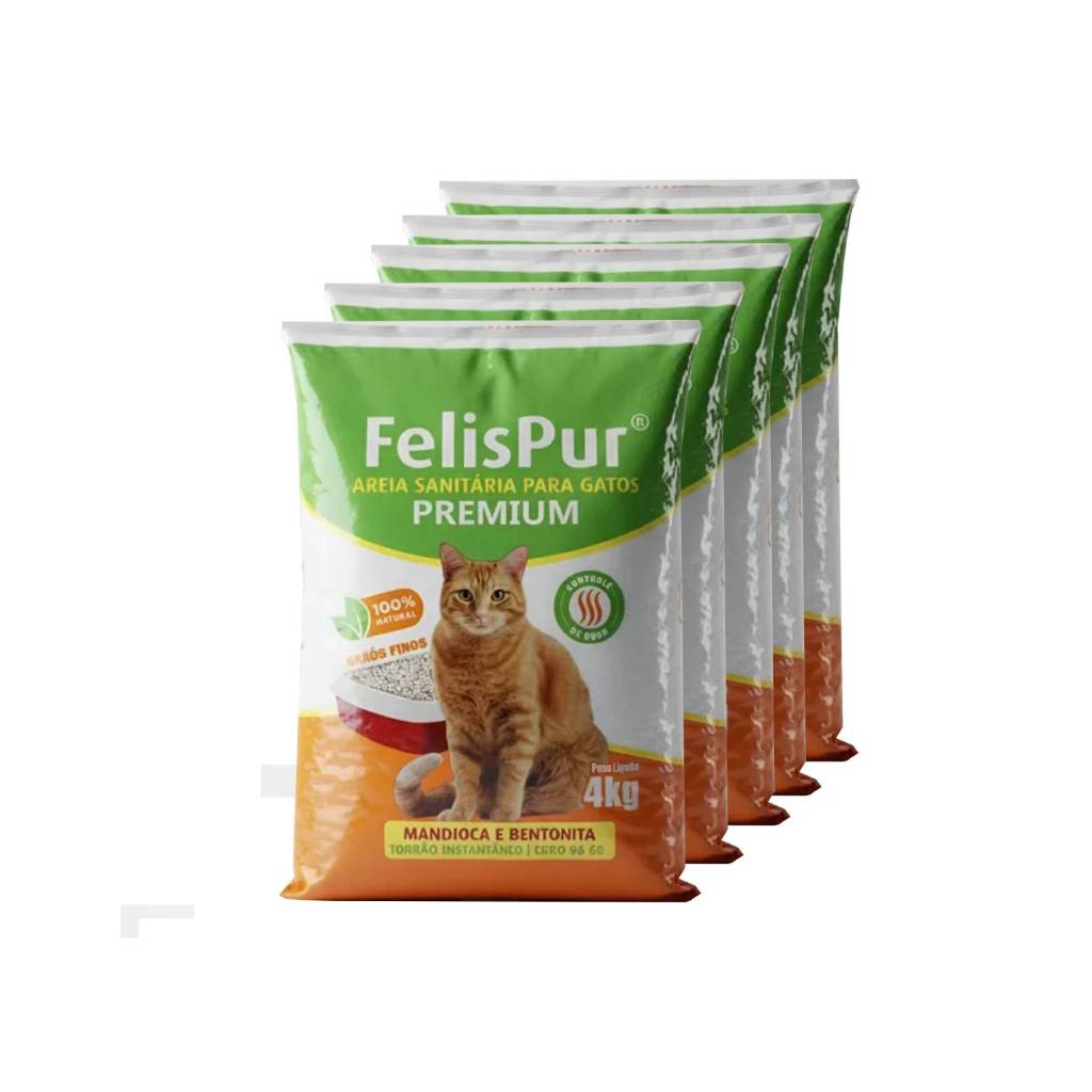 Kit 5 Areias P/ Gatos  Higiênica Biodegradável Premium Mandioca + Bentonita 4kg S/ Odor Felispur - Oferta na Shopee