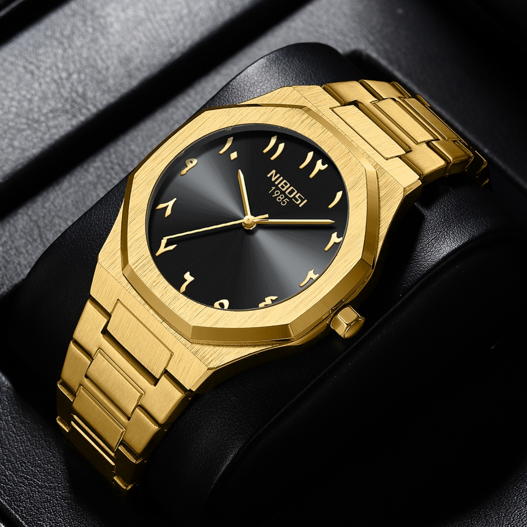 NIBOSI Relógio Masculino Original Dourado Luxuoso Com Display De Alfabeto Árabe À Prova D'água - Oferta na Shopee