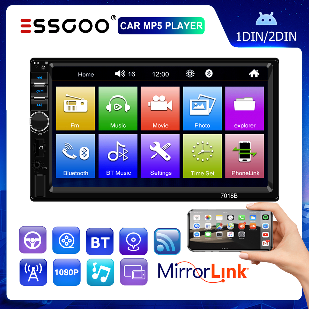 ESSGOO Promoção 7018B 7 Dupla 2 Rádio FM Touch Screen Bluetooth Din Carro MP5 Player USB/TF/Telefone Ligação Espelho - Oferta na Shopee