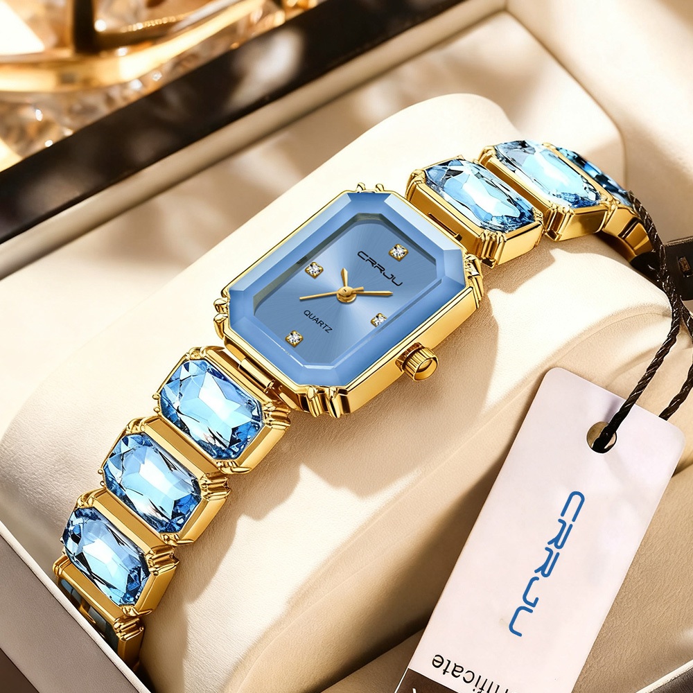 CRRJU Relógio Feminino Luxuoso Quadrado Com Pulseira De Safira Retrô Fashion De Quartzo 5050 X - Oferta na Shopee