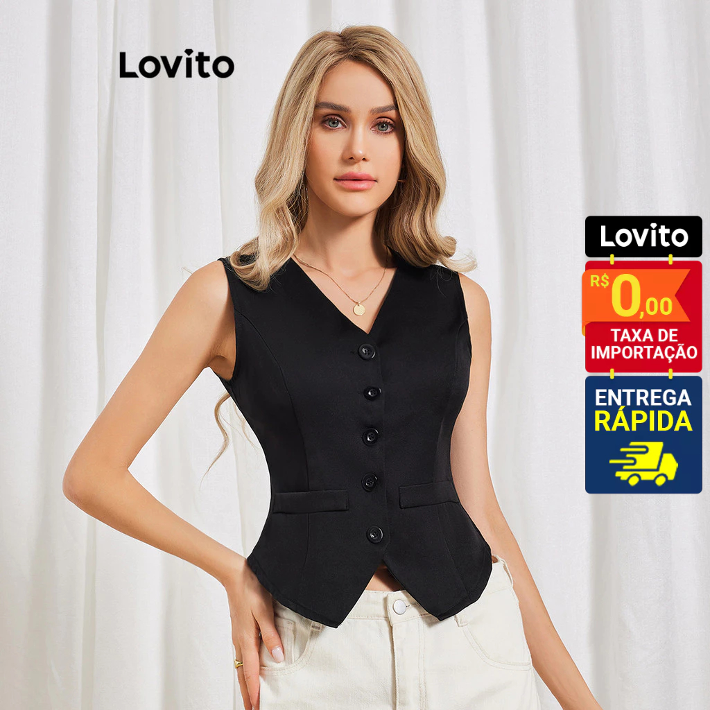 Lovito Colete Decote V com Botões na Vista Sem Manga Silhueta afinada Basica Feminina LBL06069 - Oferta na Shopee