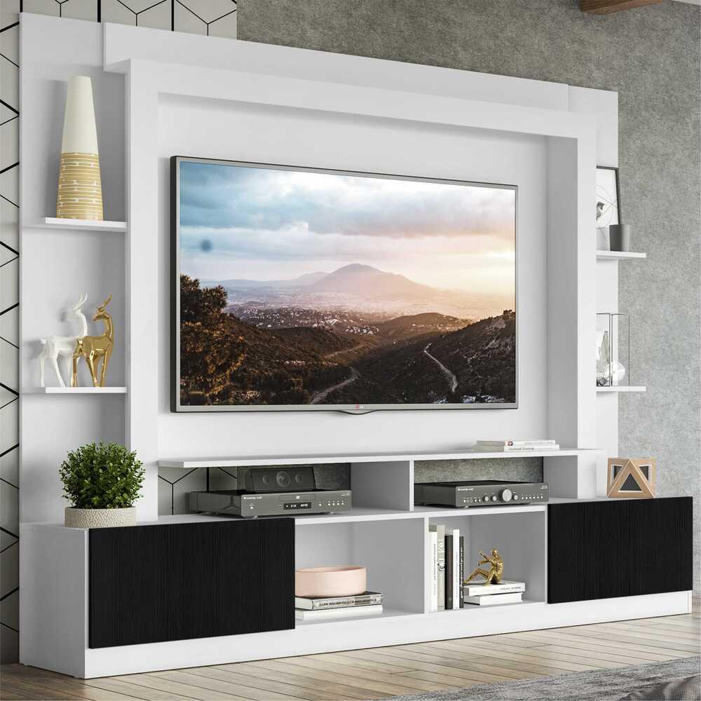Rack Estante com Painel TV 65″ e 2 portas Oslo Multimóveis Branco/Preto Rack Estante com Painel TV 65″ e 2 portas Oslo Multimóveis Branco/Preto