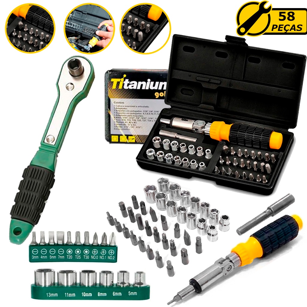Kit Ferramentas Soquete Bits Chave Catraca Reversível Com Maleta 58 Peças Hobby Semi Profissional Kit Ferramentas Soquete Bits Chave Catraca Reversível Com Maleta 58 Peças Hobby Semi Profissional - Oferta na Shopee