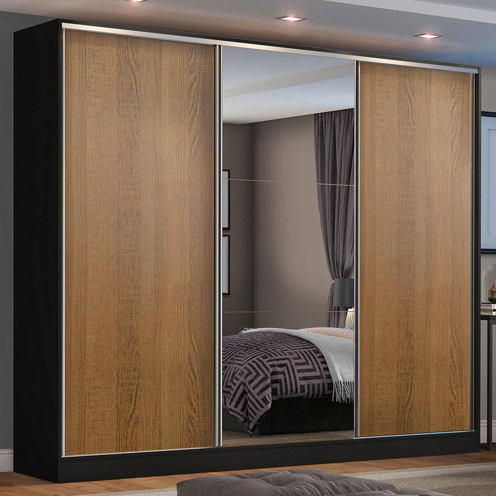 Guarda Roupa Casal 100% MDF Madesa Zurique 3 Portas de Correr com Espelho - Preto/Rustic Guarda Roupa Casal 100% MDF Madesa Zurique 3 Portas de Correr com Espelho - Preto/Rustic - Oferta na Shopee