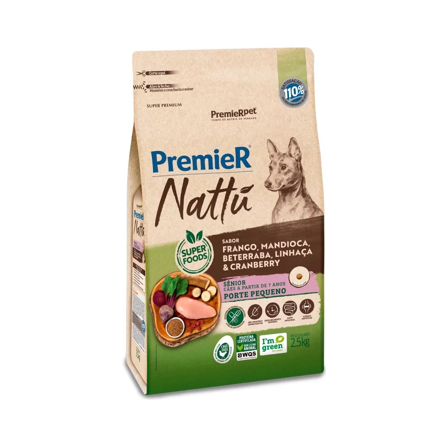 Ração Premier Nattu Cães Adultos Sênior Raças Pequenas Mandioca 2,5kg Ração Premier Nattu Cães Adultos Sênior Raças Pequenas Mandioca 2