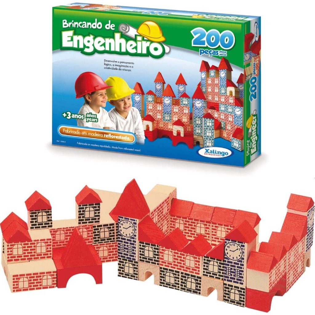 Blocos para Montar Xalingo Brincando de Engenheiro 200 Peças Madeira Reflorestada - 53065 - Oferta na Shopee