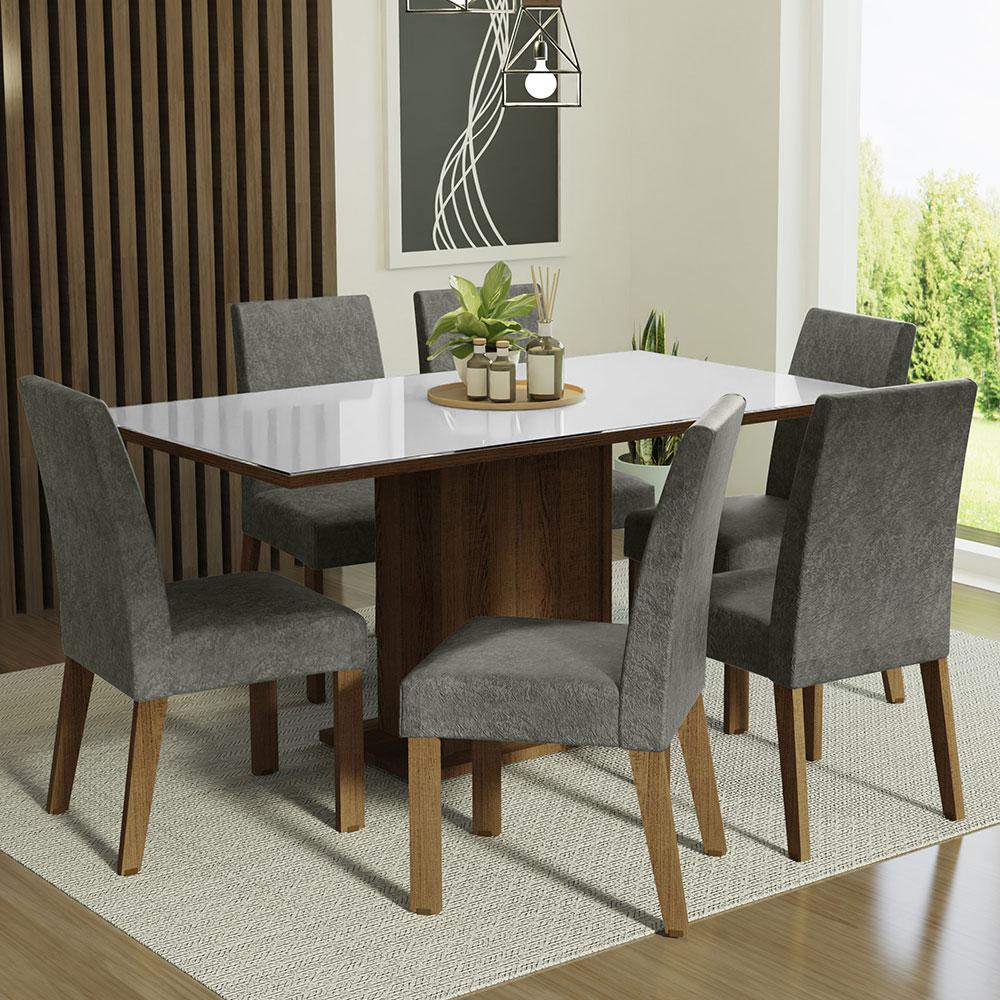 Conjunto Sala de Jantar Mesa Tampo de Vidro 6 Cadeiras Rustic/Branco/Silver Alexis Madesa Conjunto Sala de Jantar Mesa Tampo de Vidro 6 Cadeiras Rustic/Branco/Silver Alexis Madesa - Oferta na Shopee