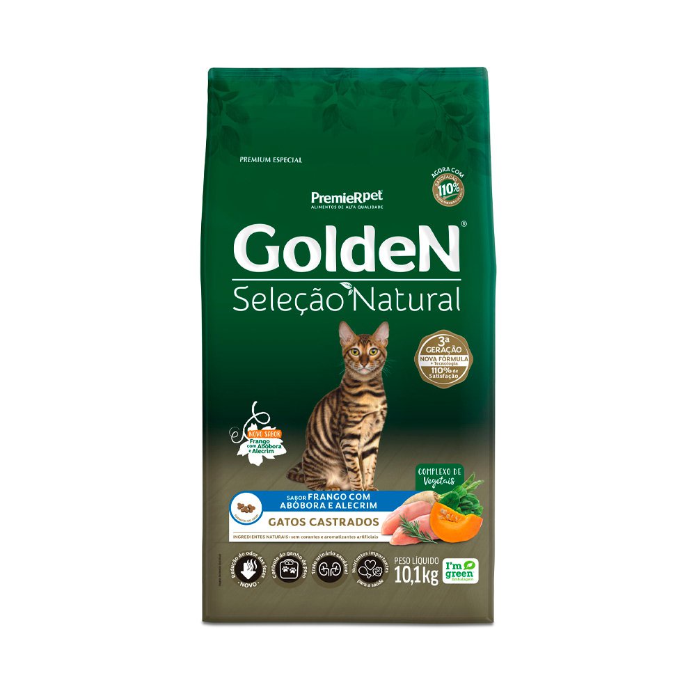 Ração Golden Seleção Natural Gatos Adultos Castrados Frango com Abóbora e Alecrim 10,1kg Ração Golden Seleção Natural Gatos Adultos Castrados Frango com Abóbora e Alecrim 10