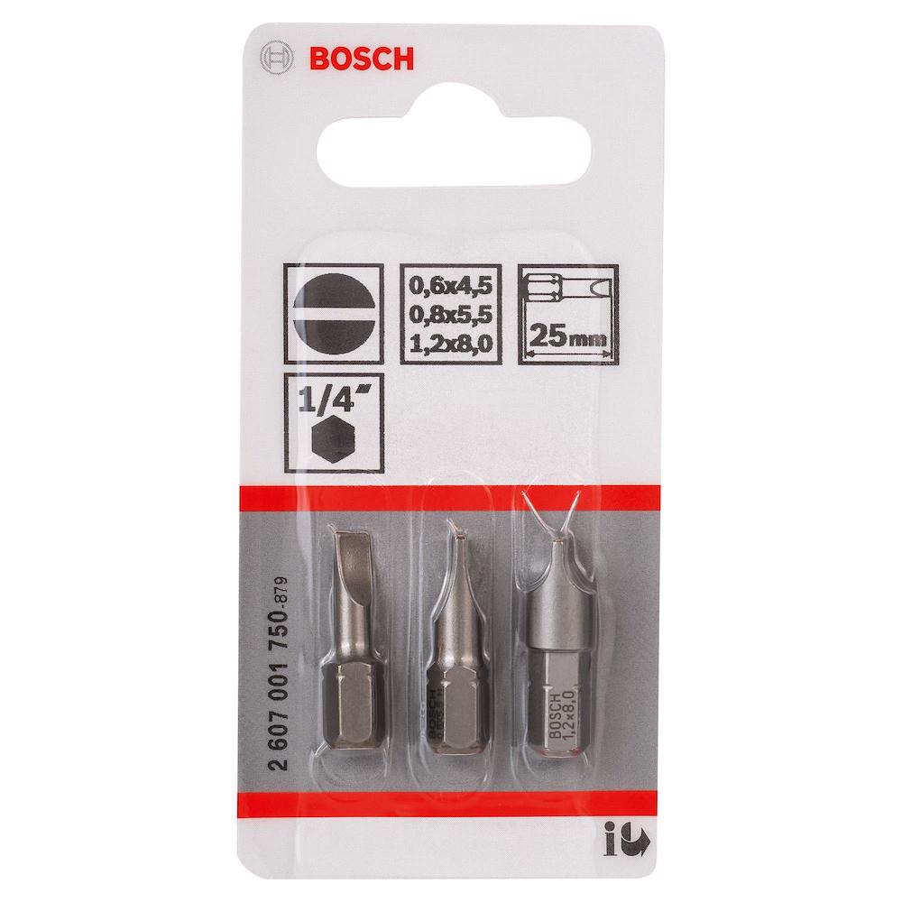 Jogo de Pontas para parafusar Bosch Fenda 25mm, 3 peças S0,6x4,5, S0,8x5,5, S1,2x8,0 Extra Hard Jogo de Pontas para parafusar Bosch Fenda 25mm