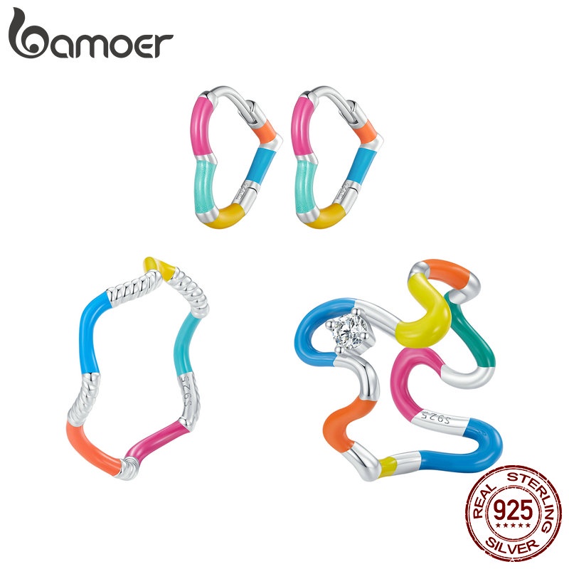 Bamoer 925 Sterling Silver Twisted Rainbow Collection Coleção Arco-Íris Aberto Anel & Brincos Conjunto De Jóias Para Aniversário Feminino - Oferta na Shopee