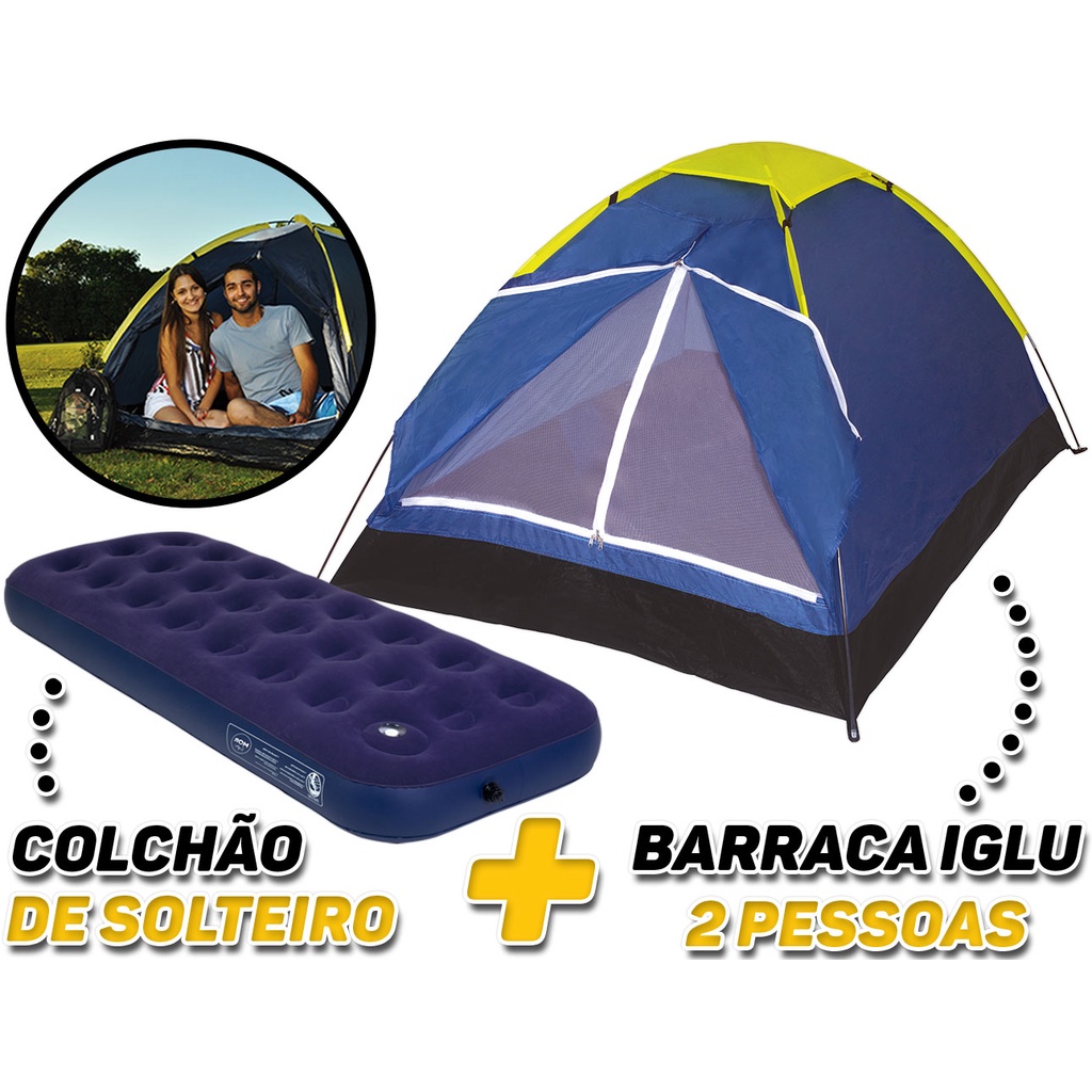 Barraca Acampamento Camping 2 Pessoas Lugares + Colchão Solteiro Tipo Iglu Mor C/ Mosqueteiro Varetas Fibra De Vidro Azul Montagem Fácil - Oferta na Shopee