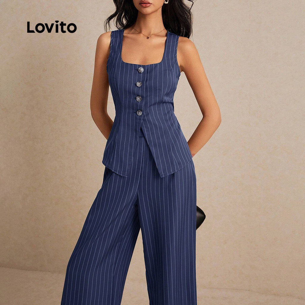(Trendy) Lovito Conjuntos elegantes de calças listradas com botão frontal e amarração nas costas para mulheres LBL23201 - Oferta na Shopee