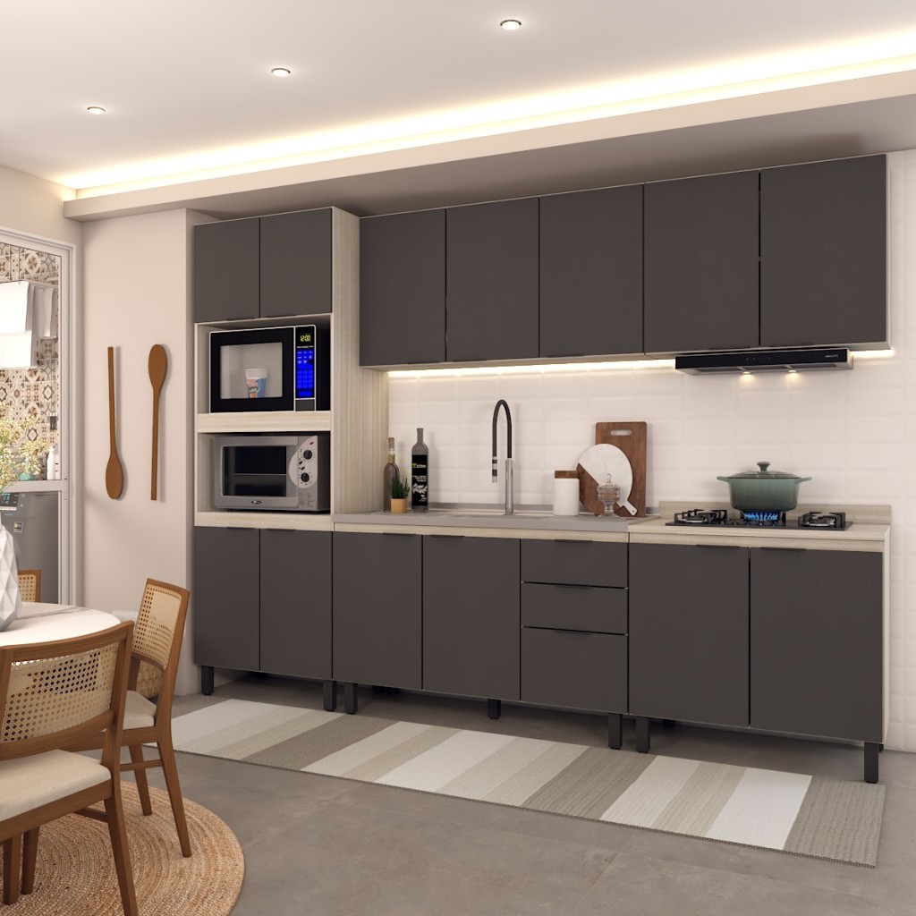 Cozinha Completa Alice 14 Portas 2 Gavetas Grafite/Marrom - Panorama Móveis Cozinha Completa Alice 14 Portas 2 Gavetas Grafite/Marrom - Panorama Móveis - Oferta na Shopee