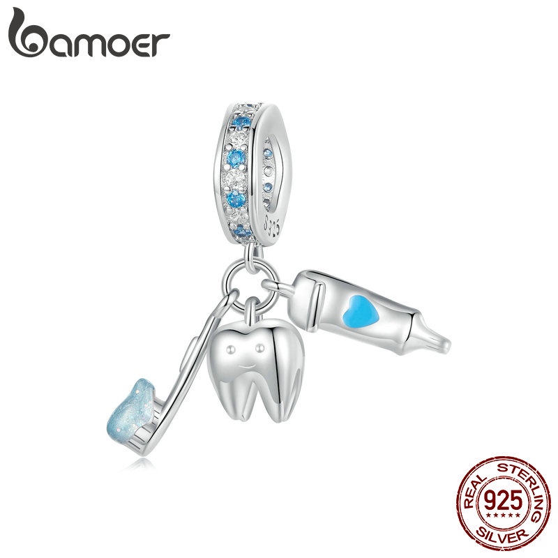 Bamoer 925 Sterling Sliver Charme De Fita Dentes Minúsculos Com Escova De E Pasta Desenhos Pingentes Acessórios Para Pulseira - Oferta na Shopee